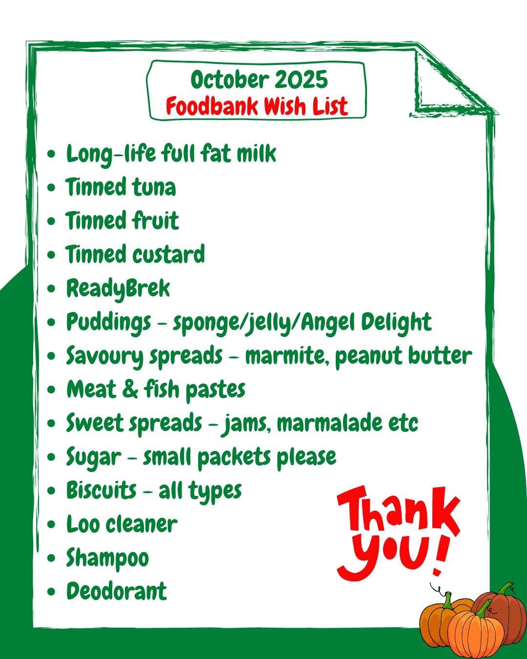 List of items urgently needed for the Food Bank this month